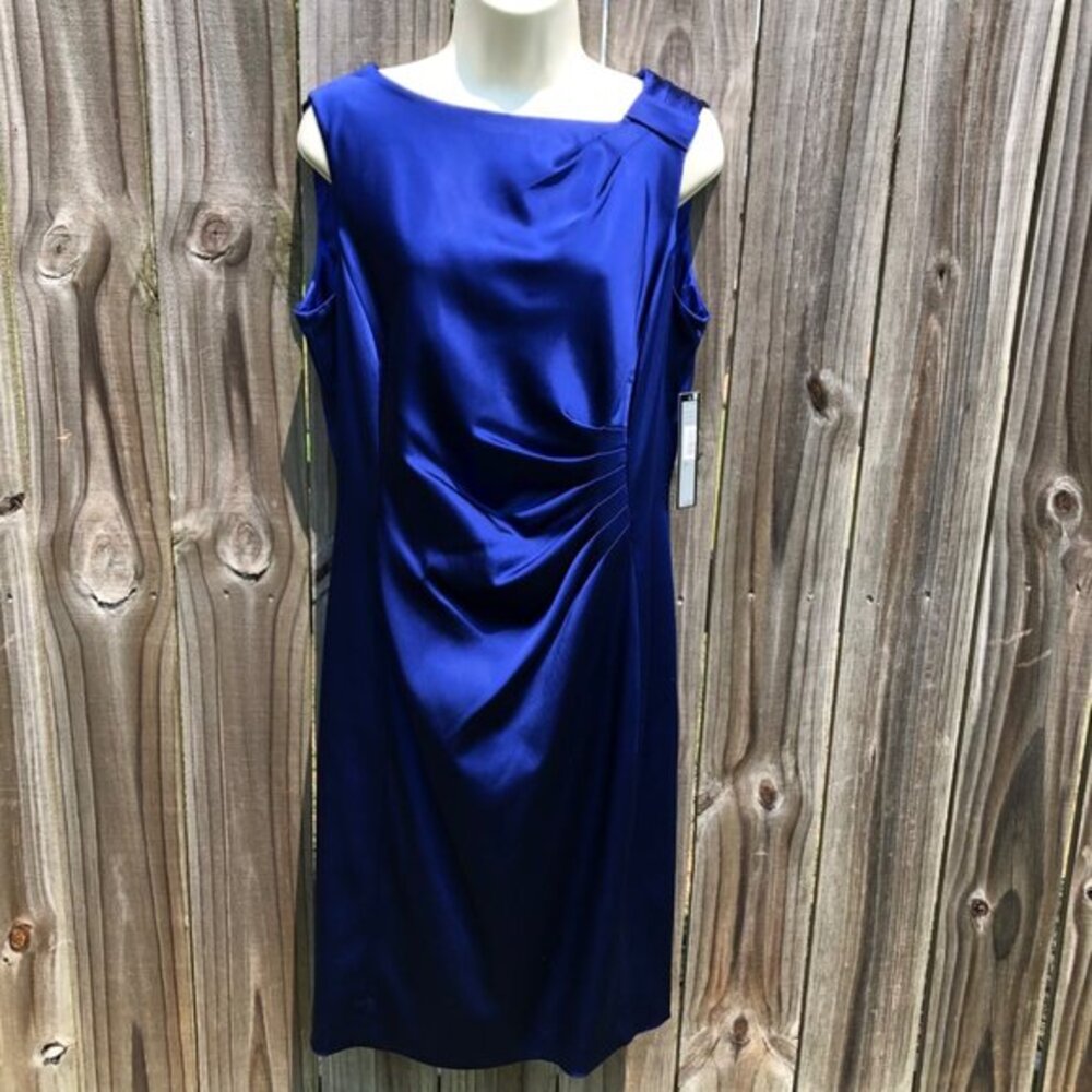 TAHARI NWT 12 Arthur S. Levine Blue Mini Dress Satin Sleeveless Cocktail Zip M